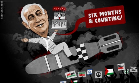 Rebecca Hendin on Benjamin Netanyahu, six months into Israel’s war – cartoon, panel 1
