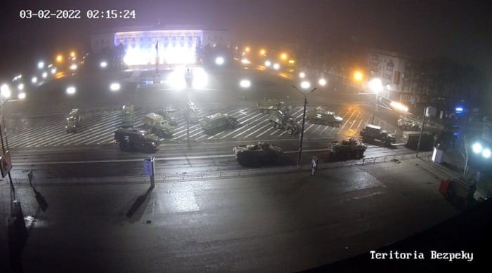 CCTV footage shows Russian combat vehicles on the central square of Kherson in southern Ukraine on 2 March as Moscow claims the city was taken over by Russian troops.