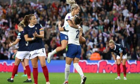 England’s Lucy Bronze (bottom) celebrates after opening the scoring with Rachel Daly.