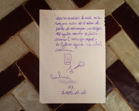 A handwritten letter with doodles from a teenage Moroccan girl who made the crossing to Ceuta.