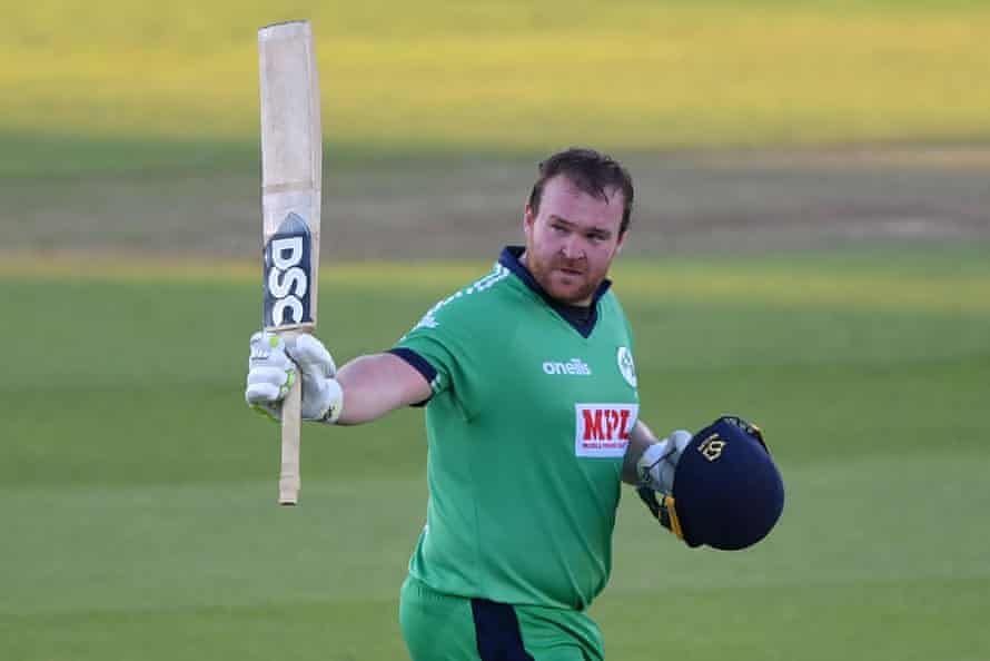 Ireland’s Paul Stirling reacts after reaching his century.