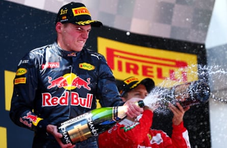 Max Verstappen sprays champagne to celebrate winning the 2016 Spanish Grand Prix
