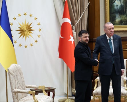 ErdoÄan and Zelenskyy shake hands in front of the flags of their respective countries
