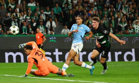 Sporting’s Viktor Gyökeres scores their first goal in the 4-1 win over Manchester City.