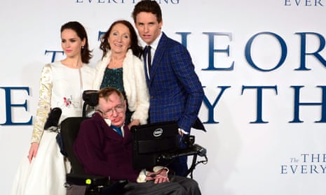 Felicity Jones, Stephen Hawking, Jane Hawking and Eddie Redmayne at the London premiere of The Theory of Everything.