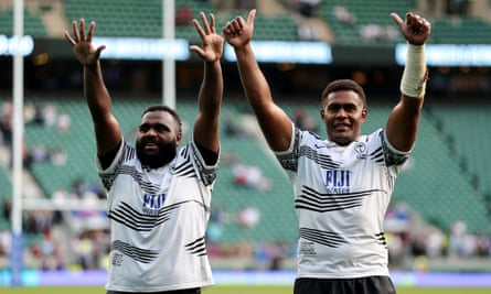Luka Tagi (left) and Viliame Mata celebrate Fiji’s first win at Twickenham.