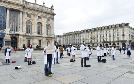 Young doctors demonstrate during the Covid-19 pandemic emergency at Castello square in Turin, Italy, on 11 December 2020.