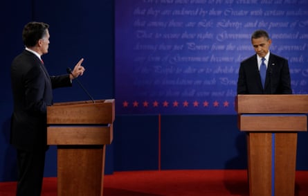 Mitt Romney and Barack Obama debate each other in Denver, Colorado, in 2012.