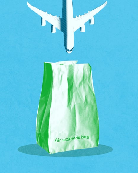 A plane flys into a vomit sick bag