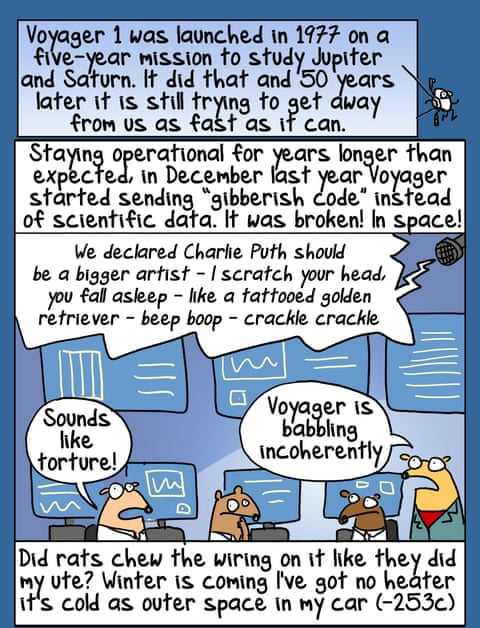 Cartoon by First Dog on the Moon titled Voyager Repaired, panel 1