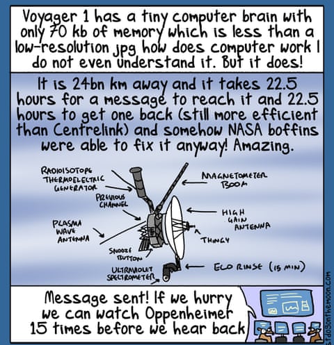 Cartoon by First Dog on the Moon titled Voyager Repaired, panel 2