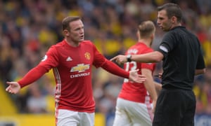 Manchester United’s midfield lobbyist Wayne Rooney remonstrates with the referee, Michael Oliver, during the defeat to Watford.