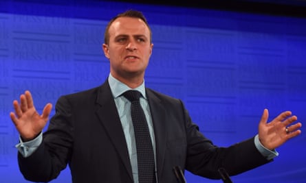 Tim Wilson speaks at the National Press Club in Canberra while human rights commissioner