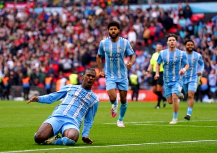 Coventry’s Haji Wright celebrates after scoring the 95th-minute equaliser