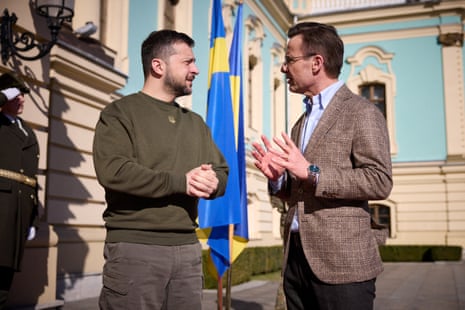 Ukraine’s president Volodymyr Zelenskiy welcomes Sweden’s prime minister Ulf Kristersson in Kyiv.