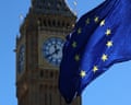 The EU flag flies outside the UK Parliament in London, Britain, 18 March 2026. 