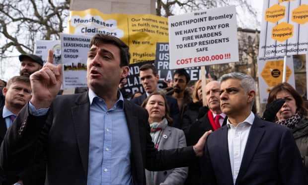 The mayor of Greater Manchester, Andy Burnham (left), with his London counterpart, Sadiq Khan, at an anti-flammable cladding protest in Westminster in February.