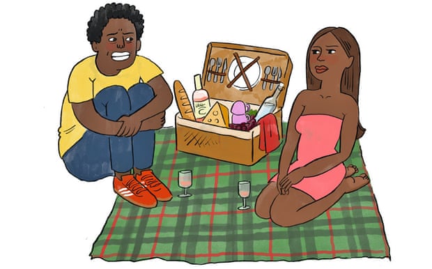 Illustration of a man and woman sitting on a checked blanket with a picnic basket between them
