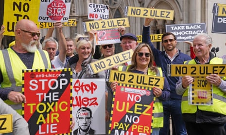 People demonstrating against the extension of the Ulez low emissions zone outside the high court today, where five Tory councils began a legal challenge against the policy.