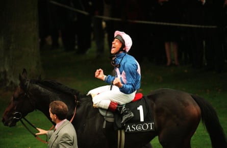 Frankie Dettori celebrates on Fujiyama Crest after winning the last race – his seventh win – at Ascot in September 1996