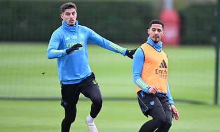 Kai Havertz and William Saliba in Arsenal training on Friday