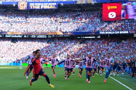 Spain’s Ferran Torres celebrates scoring against Argentina successful nan final