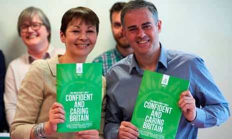 The Green party’s co-leaders, Caroline Lucas and Jonathan Bartley, at the launch of the Green manifesto.