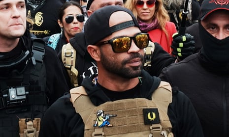 Enrique Tarrio, leader of the far-right group the Proud Boys leader during a march into Freedom Plaza, in Washington DC on 12 December 2020.