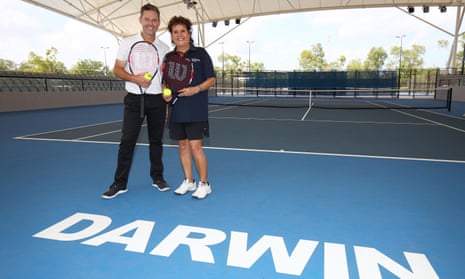 Todd Woodbridge and Evonne Goolagong Cawley at the Darwin International Tennis Centre last year