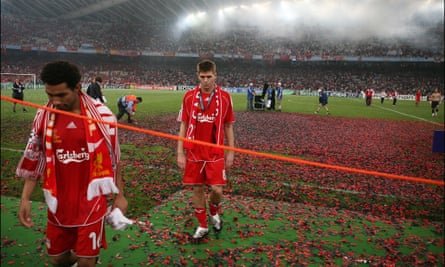 Pennant trudges off the Athens pitch, followed by Steven Gerrard, after Liverpool’s defeat to Milan in the 2007 Champions League final.