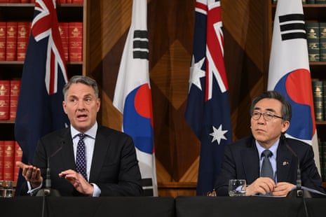 Australian defence minister Richard Marles and South Korean foreign minister Cho Tae-yeol during a joint press conference in Melbourne