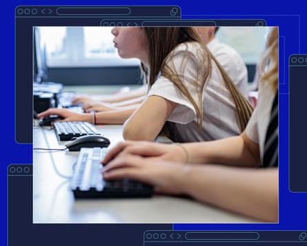 Students (faces unseen) at laptops, with a tech-y outline