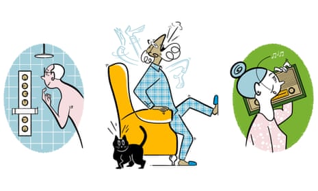Signs of ageing illustration of man struggling to get out of a chair, confused about shower fittings and an older later with a boom box