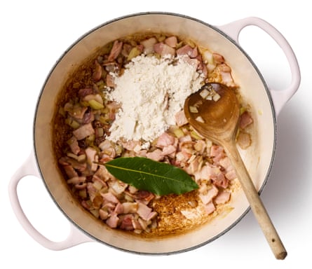 Fried onion and bacon with a bayleaf and flour added