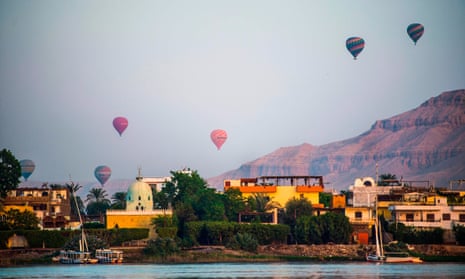 Hot air balloons over the ancient city of Luxor, Egypt.