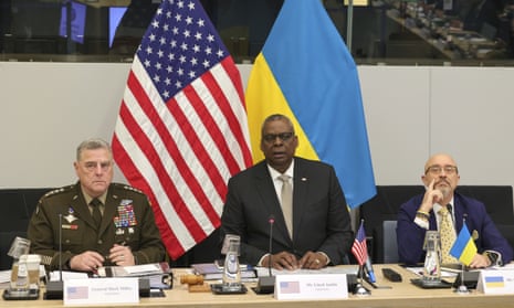 US Secretary of Defense Lloyd J. Austin III, next to Ukrainian Minister of Defense Oleksii Reznikov, right, and Chairman of the Joint Chiefs of Staff Gen. Mark Milley,
