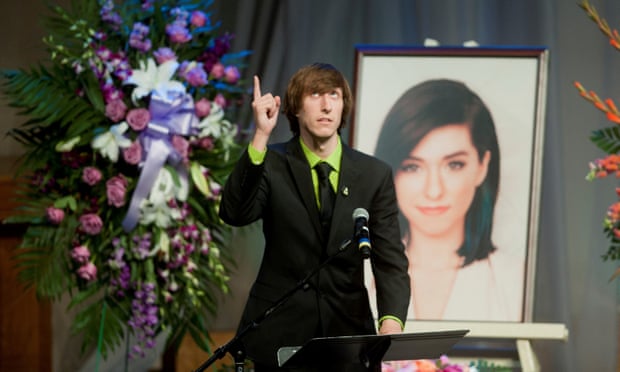 Mark Grimmie speaks as his sister Christina’s memorial service in Medford, New Jersey. Grimmie was shot dead by a fan after a concert in Orlando, Florida on 10 June.