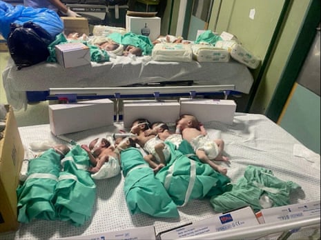 Newborns are placed in a bed after being taken off incubators in Gaza’s al-Shifa hospital after fuel ran out.