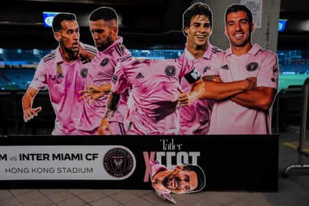 A cardboard cut-out of Lionel Messi was seemingly damaged by fans after the World Cup winner failed to appear on the pitch in Hong Kong