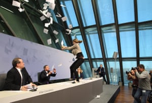 Disruption at a press conference by Mario Draghi, President of the European Central Bank, (ECB) following a meeting of the Governing Counci.