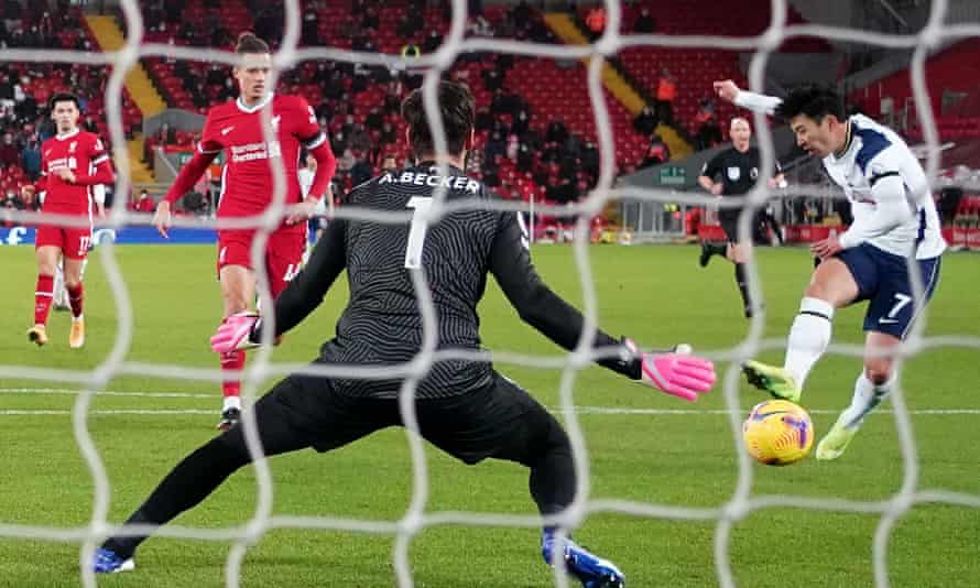 Son Heung-min (right) scores Tottenham’s equaliser in the first half against Liverpool.