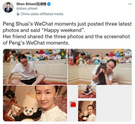 A Tweet from Chinese journalist Shen Shiwei’s Twitter account claiming to show recent photos of Chinese Peng Shuai. It has been met with skepticism internationally.