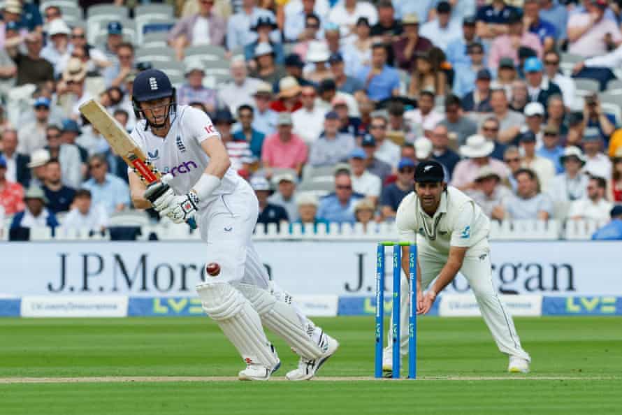 Zak Crawley watches the ball after playing his shot.