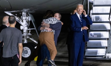 Wall Street Journal reporter Evan Gershkovich hugs his mother, Ella Milman, after his arrival in the US following a 26-person prisoner swap between Russia, the US and five other countries, at Andrews Air Base, Maryland, USA, 1 August 2024.