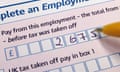 the nib of a yellow ballpoint pen starts to fill in boxes in the 'pay from employment' section on a pink and blue tax form