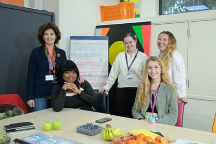 ‘My patients can’t get hold of low-potency cannabis’ … clinical lead Marta Di Forti (left, standing) with staff members Daria Semikina and Jodie Lynn with (sitting) peer-support mentor Stacey and a student.