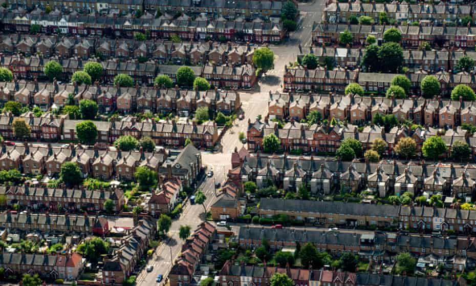 An aerial view of terraced homes