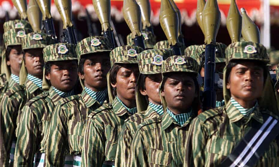 Soldiers of the LTTE, Liberation Tigers of Tamil Eelam, in Kilinochchi, Sri Lanka, celebrating Tamil Women’s Day in October 2002. 