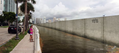 Rendering of Miami's seawall with dirty water and graffiti reading 'Berlin'