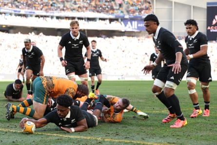 Peter Lakai scores a try for the All Blacks in the Bledisloe Cup Test against the Wallabies